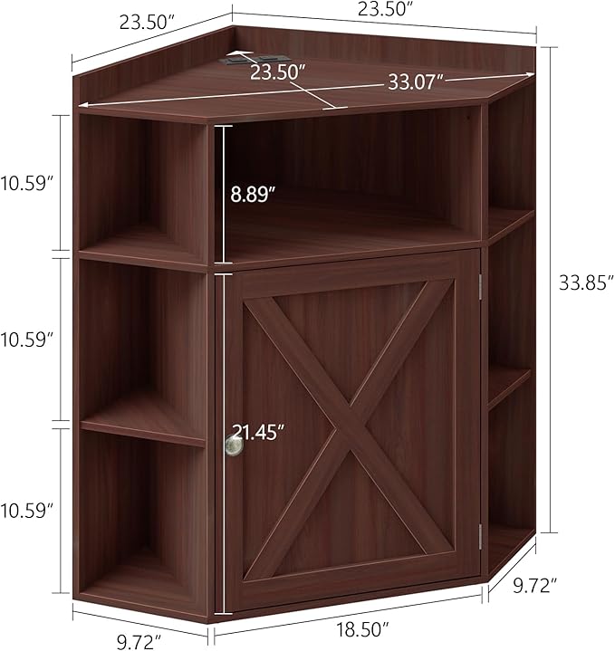 Halitaa Corner Storage Cabinet, Farmhouse Corner Bookshelf with Storage 6-Cubby Wooden Cabinet with USB Ports and Outlets Industrial Organizer for Small Space, Study, Playroom, Living Room