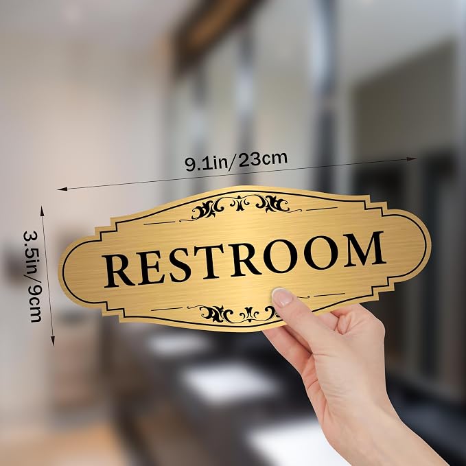 Restroom Sign Sticker for Business & Home, Self-Adhesive Brushed Gold | Elegant Bathroom Signs for Door, Durable & Waterproof Unisex Restroom Signage for House Toilet, Office, Store, Shop