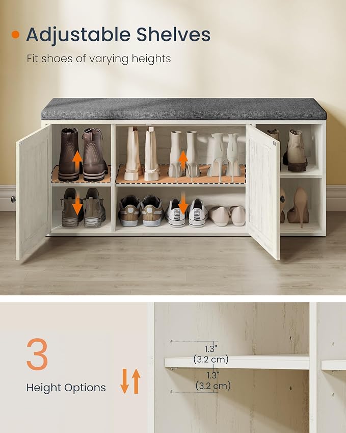 SONGMICS HOME Shoe Storage Bench, Snapsemble Superfast Assembly, Shoe Rack Cabinet with Door & Adjustable Shelf for Entryway/Living Room, 14 x 40.2 x 17.3 Inches, Rustic White and Slate Gray