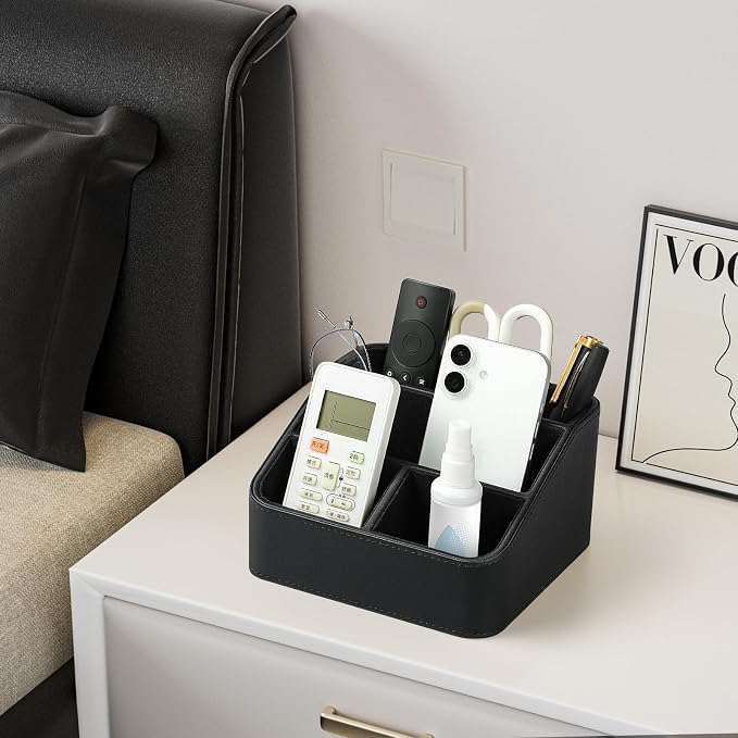 PU Leather Remote Control Holder, Nightstand Organizer with 4 Compartments | Luxury Desk Caddy with Velvet Lining, Small Desk Organizer for Living Room, Bedroom, Bedside, End Table, 6.8" x 6.7" x 4"