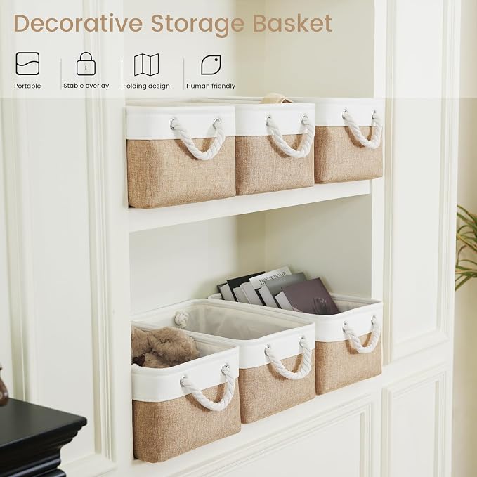 13.8x9.8x6.7 Inch Fabric Small Storage Bins with Handles 3 Pack | Foldable Storage Basket, Sturdy Metal Strand, Cardboard Support Molding, Small Baskets for Organizing, Shelves, White/Khaki