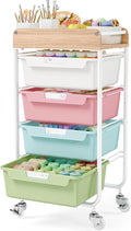 Rolling Craft Storage Cart with 4 Drawers,Utility Cart with Drawers,Art Craft Organizers and Storage,Kids Craft Cart,Kids Art Cart With DIY Lable and Wooden Tabletop Area,Colorful
