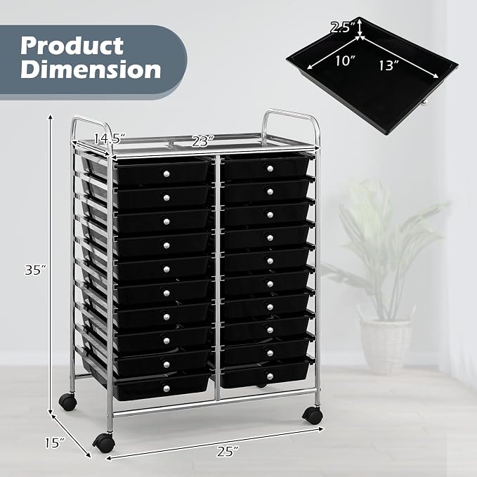 DREAMADE Rolling Cart With Storage Drawers, Utility Cart With Removable Plastic Drawers, Lockable Wheels for Classroom Organization, Art Supplies, Office, Scrapbook (20 Drawers, Black)