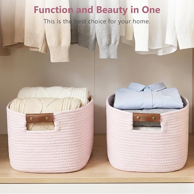 ECDYQXVU 15x10x9 Woven Cotton Rope Storage Basket, Leather Handles 3 Pack | Foldable Design, Sturdy PU Handles, Easy to Clean Organizer for Living Room, Closet, Shelves, Bedroom, Laundry, Clothes