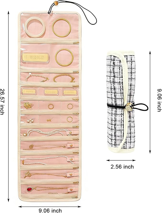 Jewelry Roll Travel Organizer, 20 Zippered Compartments with Double Lock, Tangle-Free Compact Roll Bag for Necklaces, Bracelets, Earrings, Rings (Black, White)