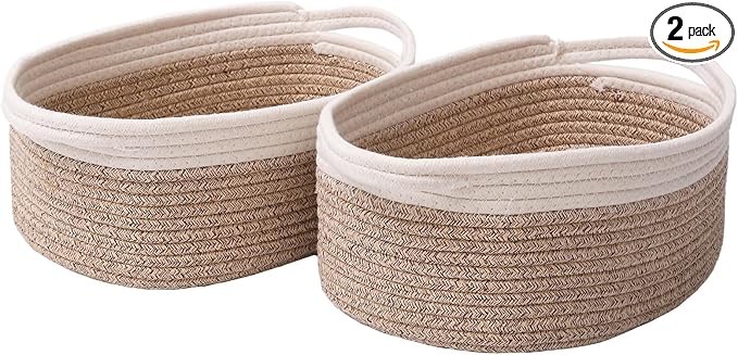 JMvicyroam Woven Basket,Small Rope Storage Bin with Handles & Ribbon Bag, Organizer for Shelves Closets,Gift Basket Empty for Birthday,Books,Dog Toys, White&Oatmeal/2 Pack