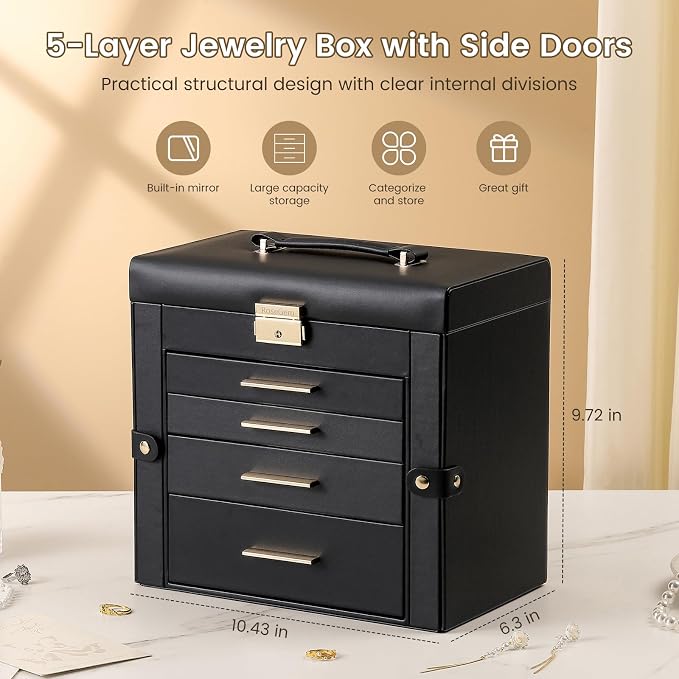 Synthetic Leather Huge Jewelry Box Mirrored Watch Organizer Necklace Ring Earring Storage Lockable Gift Case (Black)