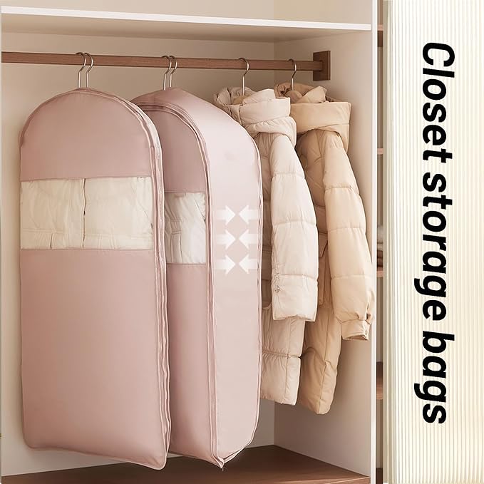 Space Saving Hanging Compression Garment Bag with Zipper for Closet Storage, Hanging Clothes Storage Bag, Garment Covers for Coats and Down Jackets, Pink, M