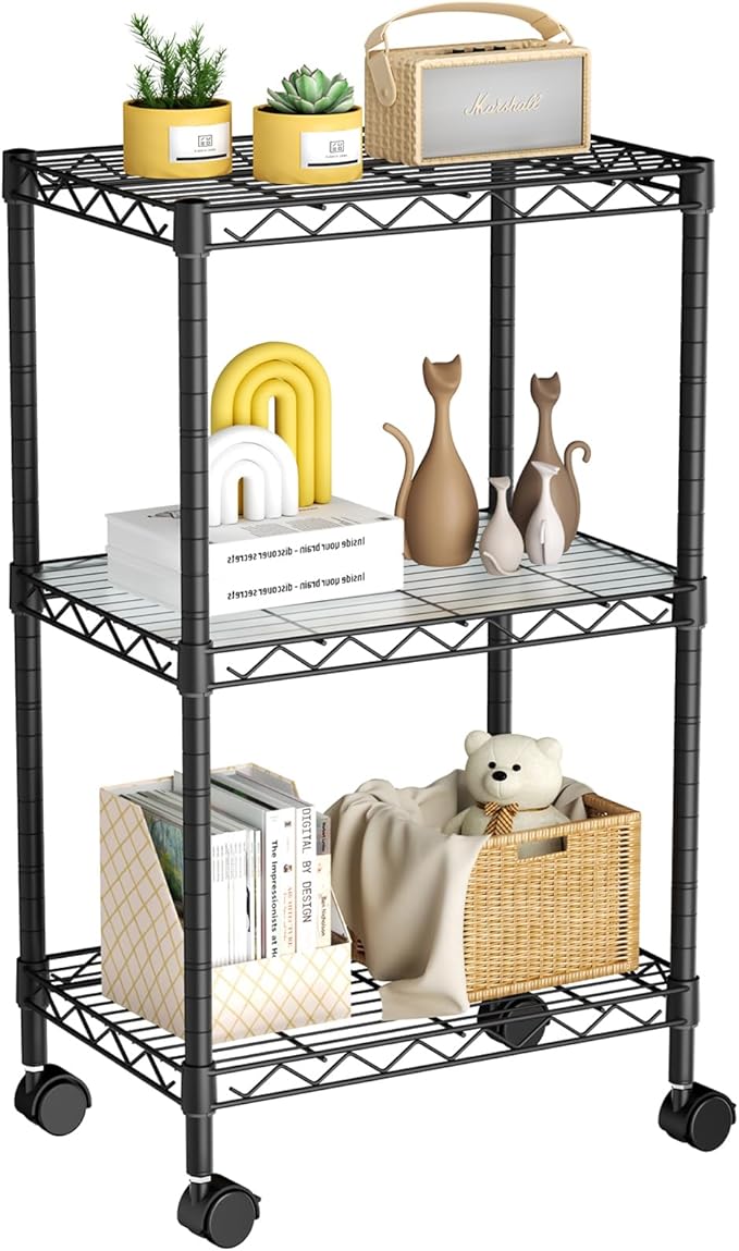Golpart Small Shelves Storage Wire Metal Adjustable Shelf Unit with Wheels | 3 tier Shelving Organizers Storage Shelving for Bathroom Laundry Room Kitchen Pantry 11.7”D x 17.7”W x 30.7”H Black
