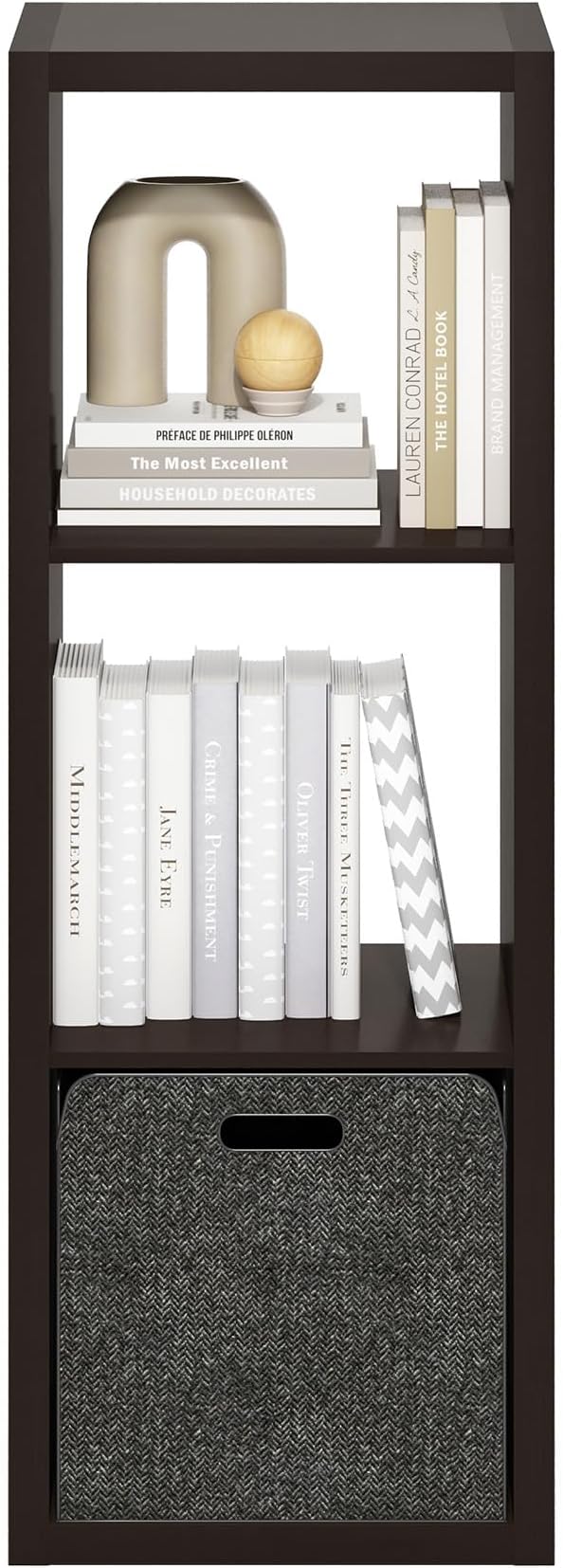 Furinno Cubicle 3-Cube Book Shelf, Extra Thick Frame Bookshelf, Dark Oak | Horizontally & Vertically Reversible Bookcase with Open Back, 14.6" x 16" x 44", for Living Room, Bedroom, Home Office