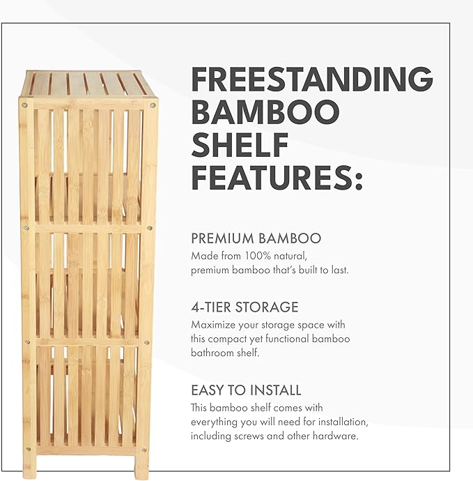 ToiletTree Products Bamboo Freestanding Organizing Shelf - Wooden Bathroom Shelf to Store Toiletries - Bamboo Shelf to Use in The Bathroom, Bedroom, and More - 4-Tier Shelf