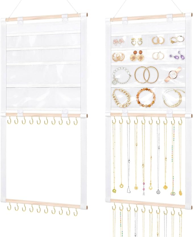 Hanging Jewelry Organizer with 20 Hooks & 14 Pockets for Women | Wall Mounted Necklace Holder Organizer With Detachable PVC Bags for Tavel, Jewelry Necklace Earring Bracelets Display