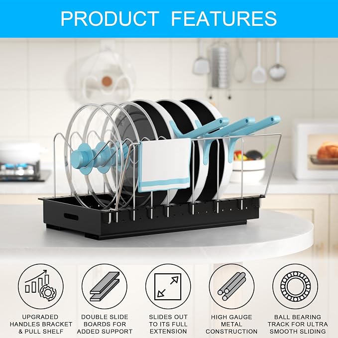Golener Pots and Pans Organizer Under Cabinet, Pot Lid Holder, 2 Pack | No Drill Slide-Out Pan Organizer with Adjustable Dividers & Handle Bracket, Pan Storage Inside Cabinet for Kitchen