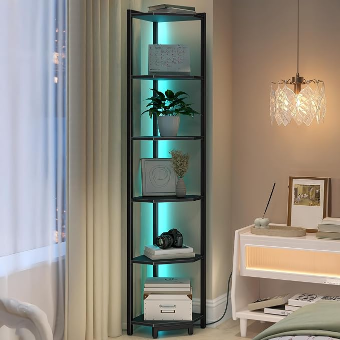 Hzuaneri Corner Shelf with LED Light 6 Tier Corner Bookshelf Standing Shelf | Tall Narrow Display Bookcase with Metal Frame for Small Space, Living Room, Home Office, Bedroom, Black CS66606B