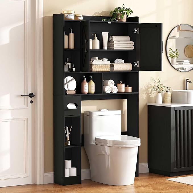 Vabches Over The Toilet Storage Cabinet with 2 Barn Doors, Black | Farmhouse Storage Cabinet with Toilet Paper Holder Stand，Home Space-Saving Toilet Rack, for Bathroom, Restroom, Laundry