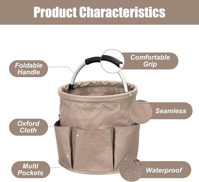 Qivine 17L Cleaning Caddy with Handle, Cleaning Supply Caddy, Foldable Tool Bag Cleaning Products Organizer, Portable Cleaning Bucket Caddy for Cleaning Supplies (Khaki)
