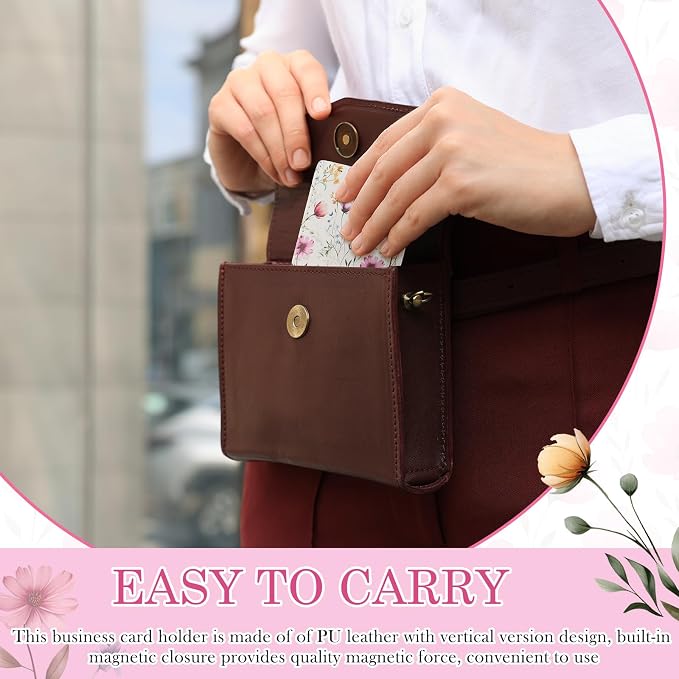 Outus 2 Pcs Business Card Holder, PU Leather Business Card Case Pocket Wallet with Magnetic Shut for Men Women(Pink and White,Floral)
