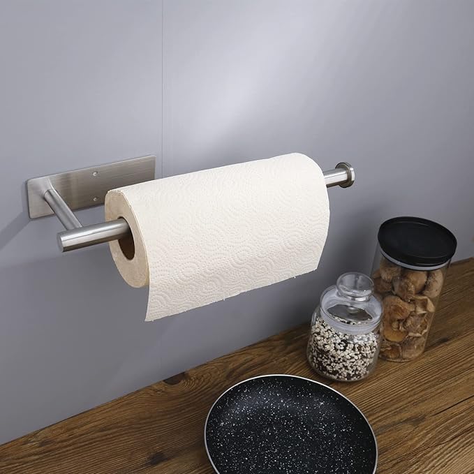 Paper Towel Holder for Kitchen - Under Cabinet Paper Towel Holder Adhesive Paper Roll Rack for Bathroom Towel, Wall Mounted Silver Adhesive or Drilling Stailess Steel Towel Holders(Silver)