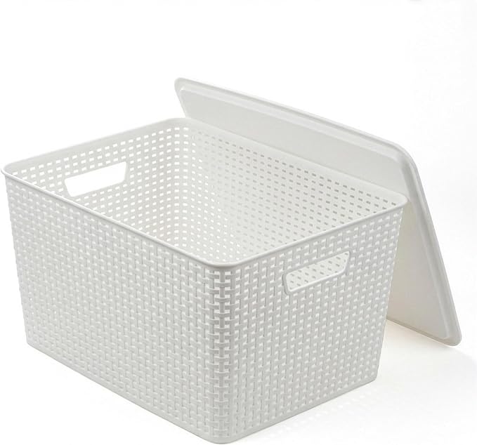 BINO | Plastic Storage Baskets with Lids, 33 Liter - 3 Pack, White | THE WOVEN COLLECTION | Storage Basket for Shelves | Woven Storage Baskets for Organizing Bins Pantry Shelf Organizer Container Bin
