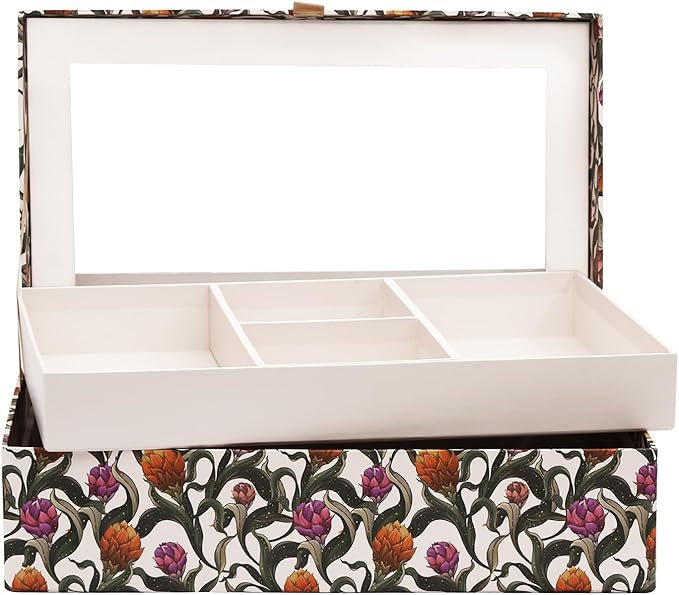 Decorative Storage Box with Mirror Lid, Vintage Botanical Floral, Beige Interior Compartments, Home Decor, Table Decor, Shelf Organizer, Travelling Box