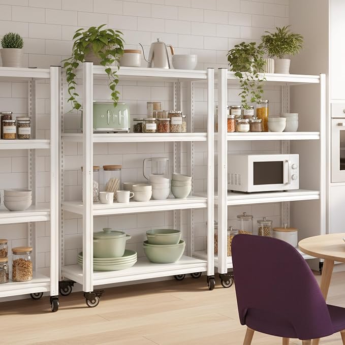 REIBII Adjustable Rolling Storage Shelve for Kitchen Pantry Closet Boutique | 2080 LBS capacity,59.8" H x 31.5" W x 16.5" D,4 Tier,White,Solid metal panels,360°wheels with lock,Boltless 10min assembly
