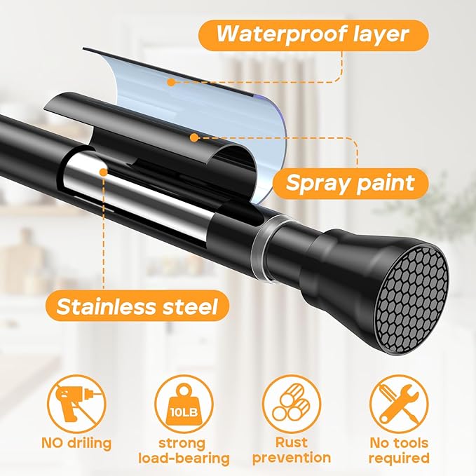2 Pack Adjustable Tension Rods 28-48 Inch - Black No-Drill Curtain Rods for Windows & Closets | Spring-Loaded with Non-Slip Rubber Ends | 7/8" Diameter