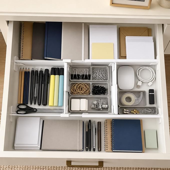 Adjustable Drawer Dividers for Small & Junk Drawers - Starter Kit | Slim interlocking grid for vanity, makeup, desk & bathroom; 3D guide shows where each piece goes; expandable, tool-free
