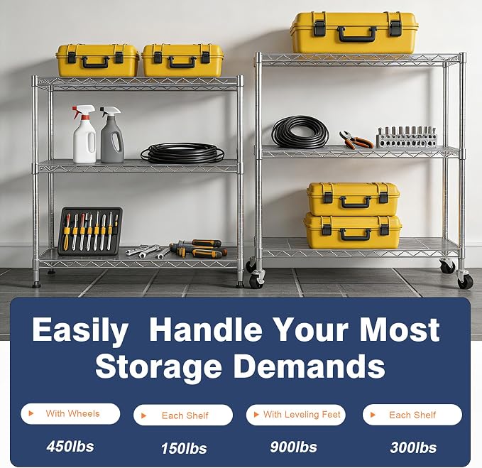 Adjustable 3-Tier Metal Wire Shelves on Wheels,35.4x17.7 x36.5(WxDxH), Heavy Duty Standing Storage Rack with Lockable Wheels, Wire Shelving Unit for Garage, Kitchen, Office, Pantry,Laundry