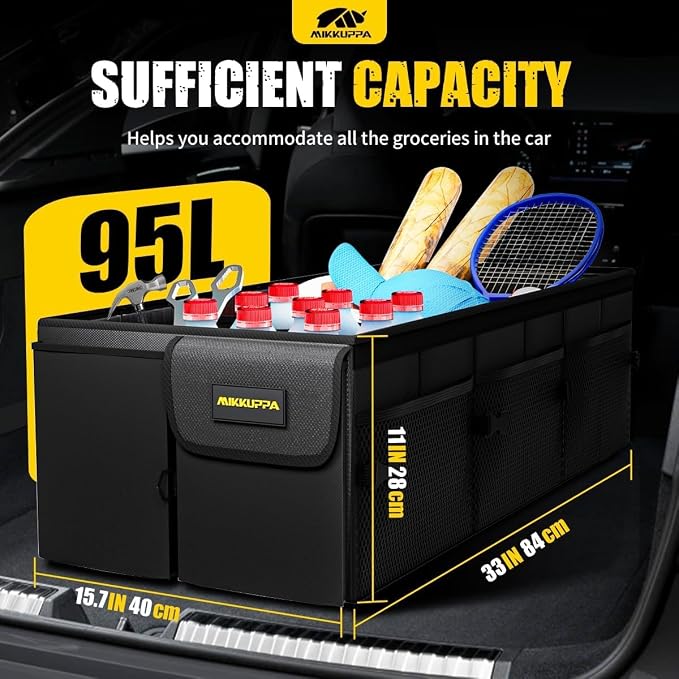 MIKKUPPA Car Trunk Organizer - 95L Collapsible Trunk Organizer with Lid, Sturdy Car Storage for SUV Auto Truck Van with Adjustable Straps and Non Slip Bottom (Black, XX-Large)