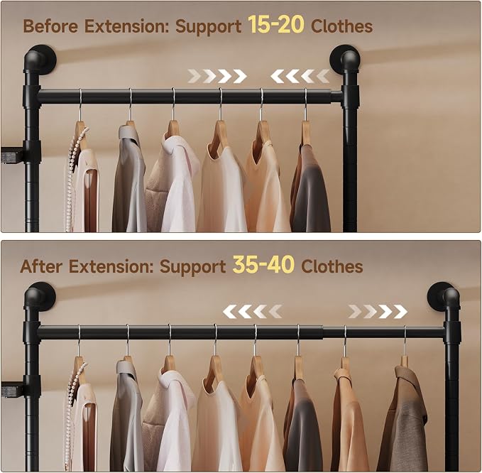ONBRILL T3 Wall Mounted Industrial Pipe Closet Organizers Storage System | Metal Clothing Rack with 2 Drawers, 6 Wooden Shelves & 4 Expandable Rods, Heavy Duty Garment Rack, Wardrobe (Grey)