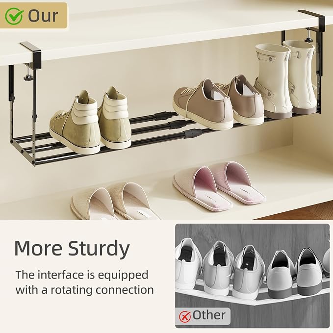 Expandable Shoe Rack Organizer for Cabinet, Adjustable Hanging Under Shelf Storage, Sturdy Round Tube Design, Space Saving Shoe Shelf for Closet, Entryway, Laundry Room, Black