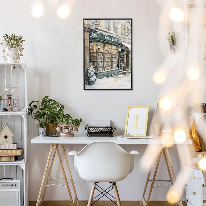 Winter Book Shop New York Book Lover Art Aesthetic Poster Canvas Wall Art Decoration Living Room Home Decor Bedroom Decoration Poster black framed20x30inch