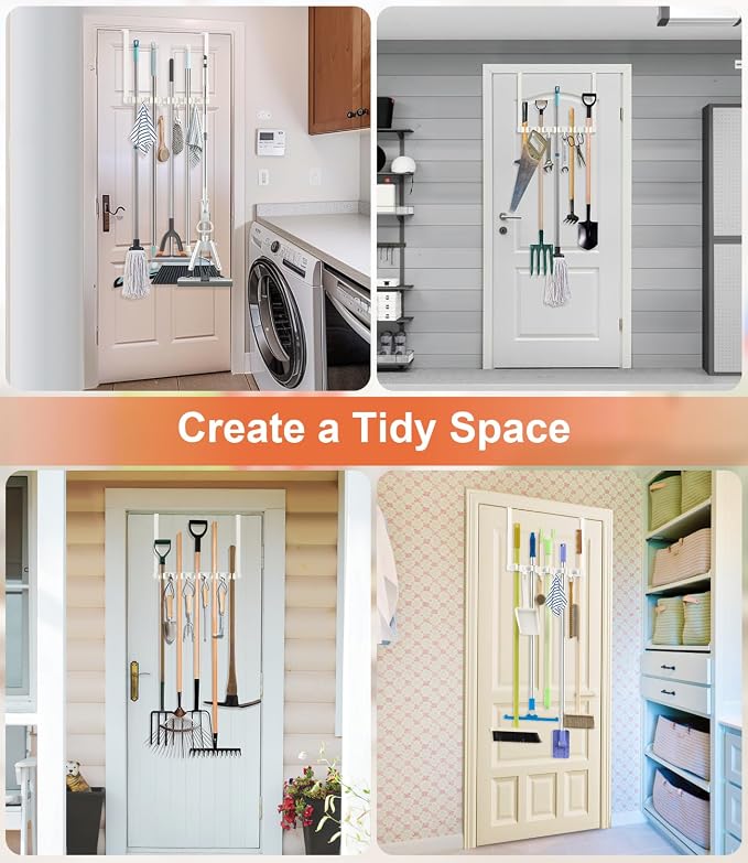 Broom Holder Over The Door with 4 Over Door Hook, Drilling Free Mop - White | Save Space, Metal Mop and Broom Storage Wall Mount Broom Storage Tool Organizer for Laundry Room Garage Kitchen Bathroom