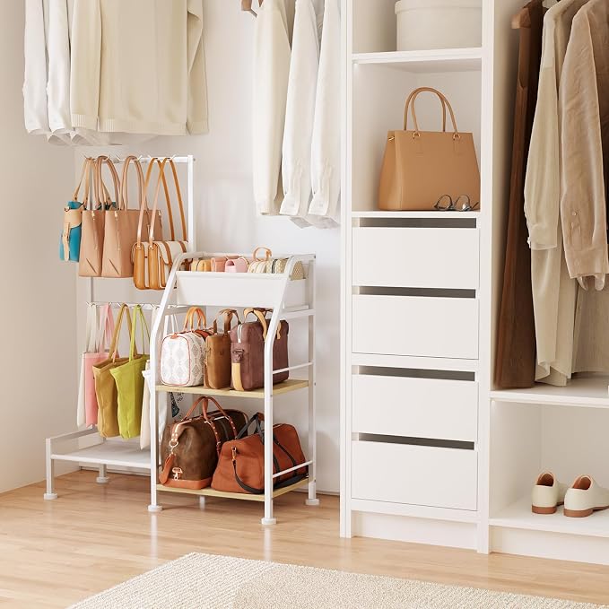 Homsorout Purse Organizer for Women - 3-Tier Storage Stand & 12 Fixed Hooks, Visible Backpack Storage, Space-Saving Bag Organizer Rack for Home, Closet, White