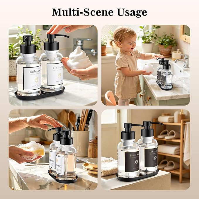 16.9 Oz Clear Glass Foaming Soap Dispenser, 2 Pack(Clear) | Refillable Hand & Dish Soap Pump, With Silicone Tray & 8 Waterproof Labels, For Bathroom & Kitchen，Perfect Housewarming Gift