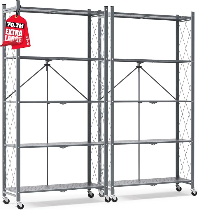 ALANNG 70.7" H Metal Storage Shelves, 5 Tier Folding Shelf on Wheels | Heavy Duty, No Assembly, Rolling, Collapsible Rack Unit for Kitchen, Basement, Pantry (Gray,2 Pack)