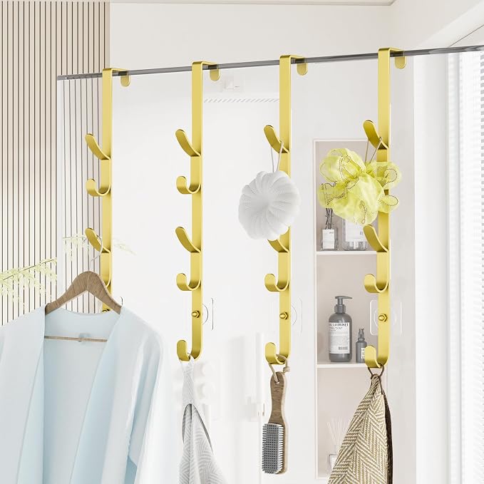 Kaiferty Over The Door Hooks, Metal Door Hooks for Hanging, Over The Door Purse Organizer for Door Coat Hanger, Back of Shower for Hanging Towel Rack Clothes, Hat, Bathroom, Closet (Gold-4Packs)