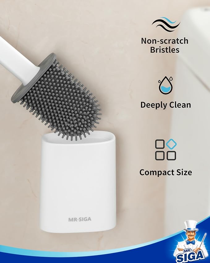 MR.SIGA Toilet Brush and Holder Set, Wall Mounted Toilet Bowl Brush, White | Space saving design, flexible thermoplastic rubber bristles, easily cleans hard to reach areas, pack of 2
