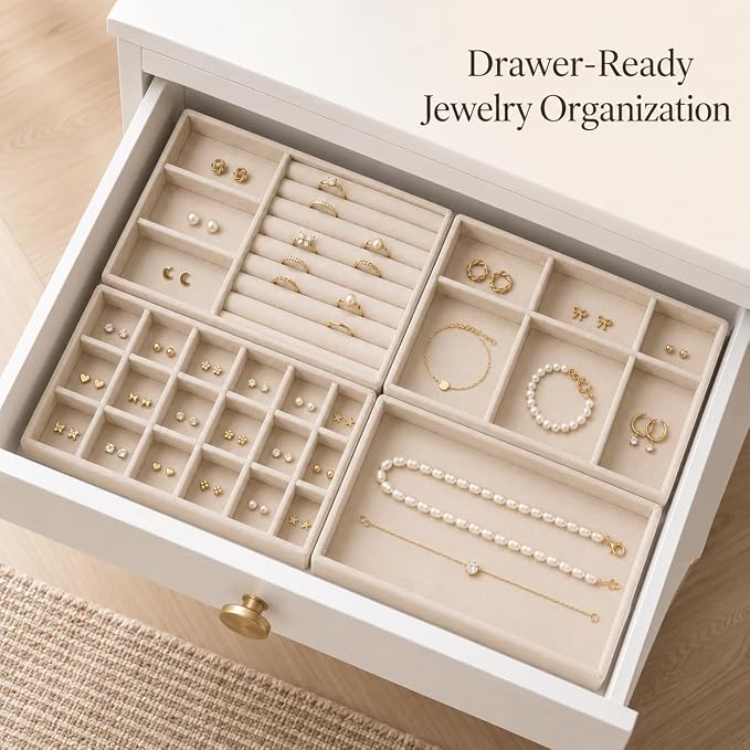 4 Pack Stackable Jewelry Organizer Tray Set - Velvet Display Case | for Rings Earrings Necklaces, for Drawer Organization, Can Stacked