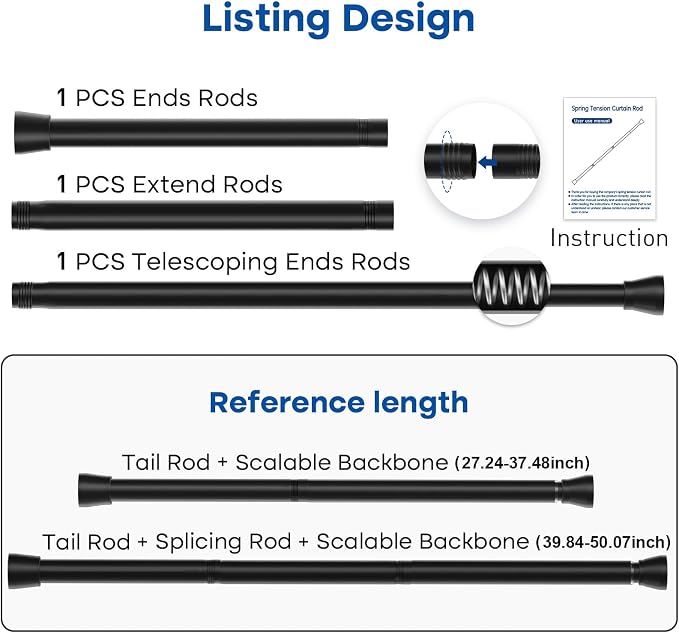 Black Tension Rods for Windows 28 to 48 Inch 4Pack Spring Curtain Rod Tension Curtain Rod Expandable Pressure Shower Curtain Rod Tension No Drill Adjustable Curtain Rods for Bathroom,Doorway,Door