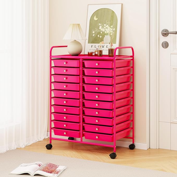 LDAILY 20-Drawer Rolling Storage Cart, Rolling Storage Cart, Storage Organizer on Wheels, Metal Frame, Scrapbook Paper Tools, Suitable for Office School, Classroom (Hot Pink, 20 Drawer)