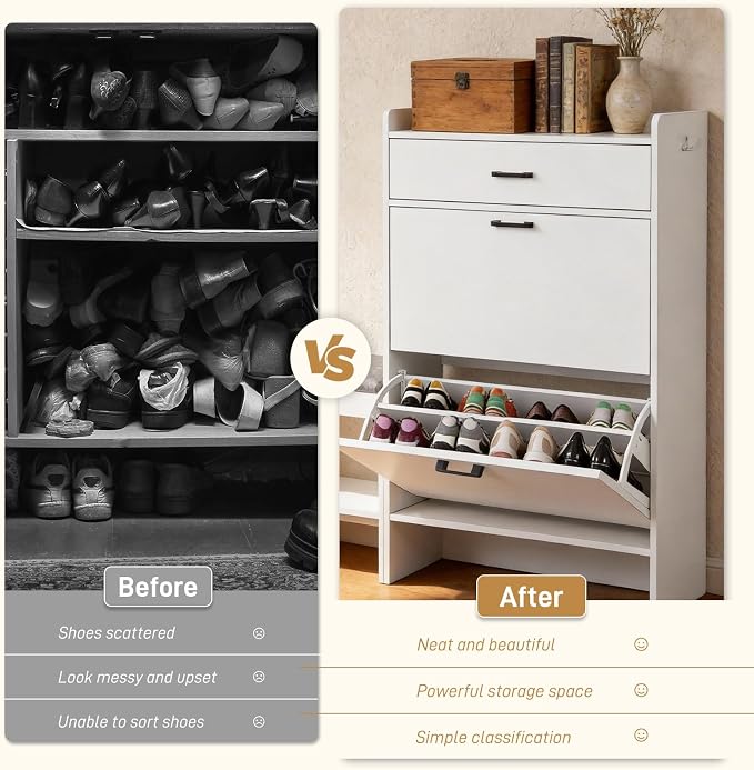 Karl home White Farmhouse Shoe Cabinet, Cushioned Entryway Bench Organizer | Narrow Slim Freestanding Shoe Rack Featuring 2 Flip Drawers and Top Flip Drawer, Ideal for Entryway, Living Room