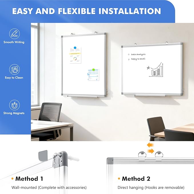 WALGLASS Magnetic White Board, 36" x 24" Double-Sides Dry Erase White Board for wall, Hanging or Mounted Whiteboard, Horizontal or Vertical, Silver Aluminium Frame, Home, School, Office, Kitchen