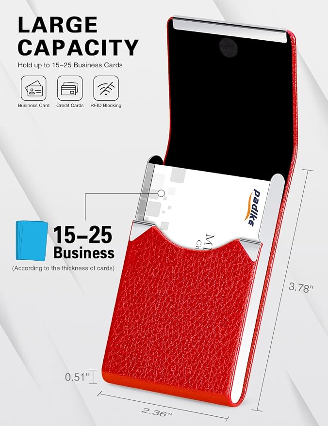 Padike Leather Business Card Holder for Women Leather Stainless Steel Business Card Case with Magnetic Shut (Red)