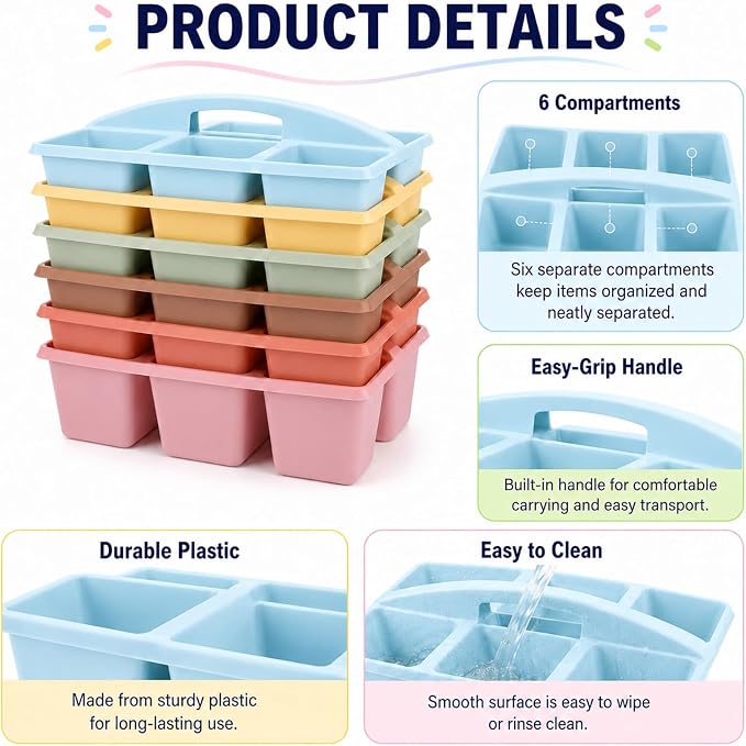 6 Pack Assorted Colors 6 Compartment Classroom Caddy with Handle Portable Plastic Storage Classroom Caddies Organizer for Classrooms Supply Teacher Office Table Desk(Groovy)