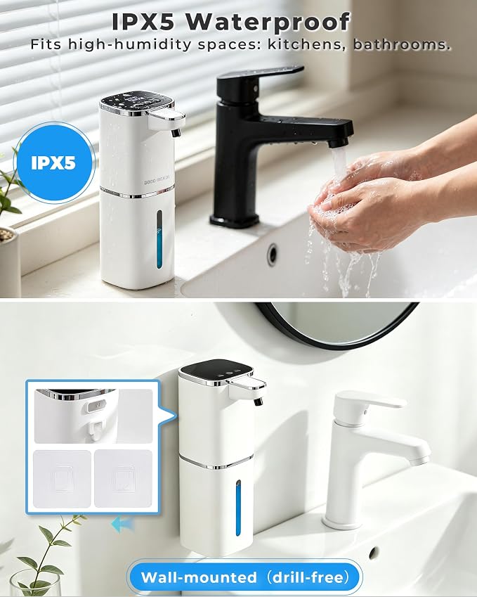 Automatic Foaming Soap Dispenser, USB Rechargeable | 13.5oz/400mL, 9-Adjustable Foam Levels, IPX5 Waterproof, Touchless & Wall/Tabletop Use for Kitchen Bathroom, White