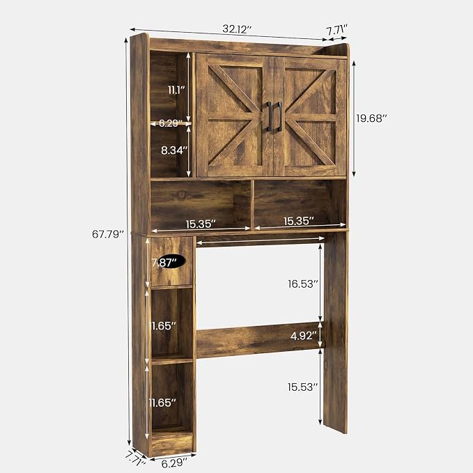 Vabches Over The Toilet Storage Cabinet with 2 Barn Doors, Rustic Brown | Farmhouse Storage Cabinet with Toilet Paper Holder Stand，Home Space-Saving Toilet Rack, for Bathroom, Restroom, Laundry
