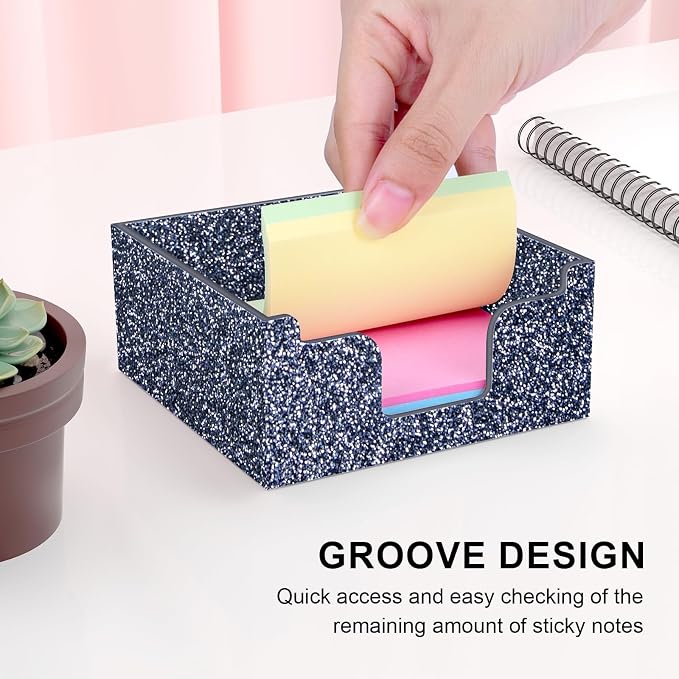 Rouidr Acrylic Sticky Note Holder, Self Stick Note Pad Holder, Dark Gray | 3.94 x 3.94 Inch Glitter Memo Pad Dispenser Organizer for School Office Home Desk Supplies