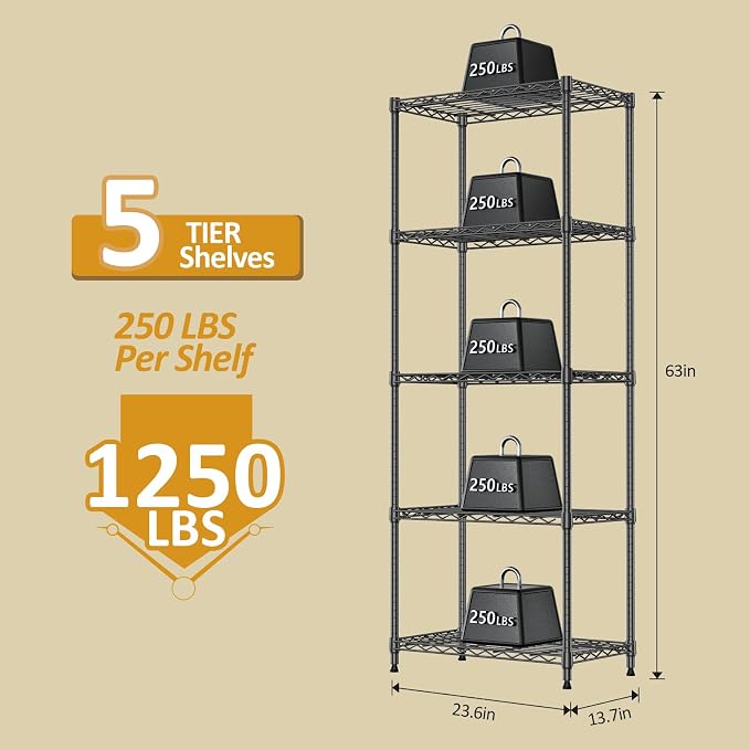 Wire Shelving Unit, 24” Metal Pantry Shelf, Adjustable Black Storage Rack | 23.6"W x 13.7"D x 53.4"H, 1000 lbs Capacity, 5-Tier Wire Storage Shelf Rack for Kitchen, Garage & Laundry Storage