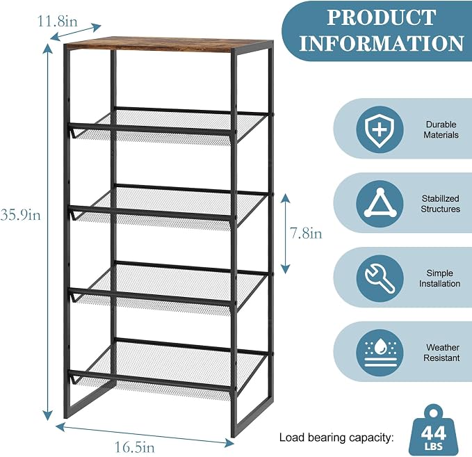 Shoe Rack for Entryway,，5 Tier Shoe Storage Organizer，Sturdy Shoe Shelf,Boot Rack with a Fine Mesh Shelves，for Living Room, Hallway，Small Space,11.8 x 16.5 x 27.9 Inches,Brown
